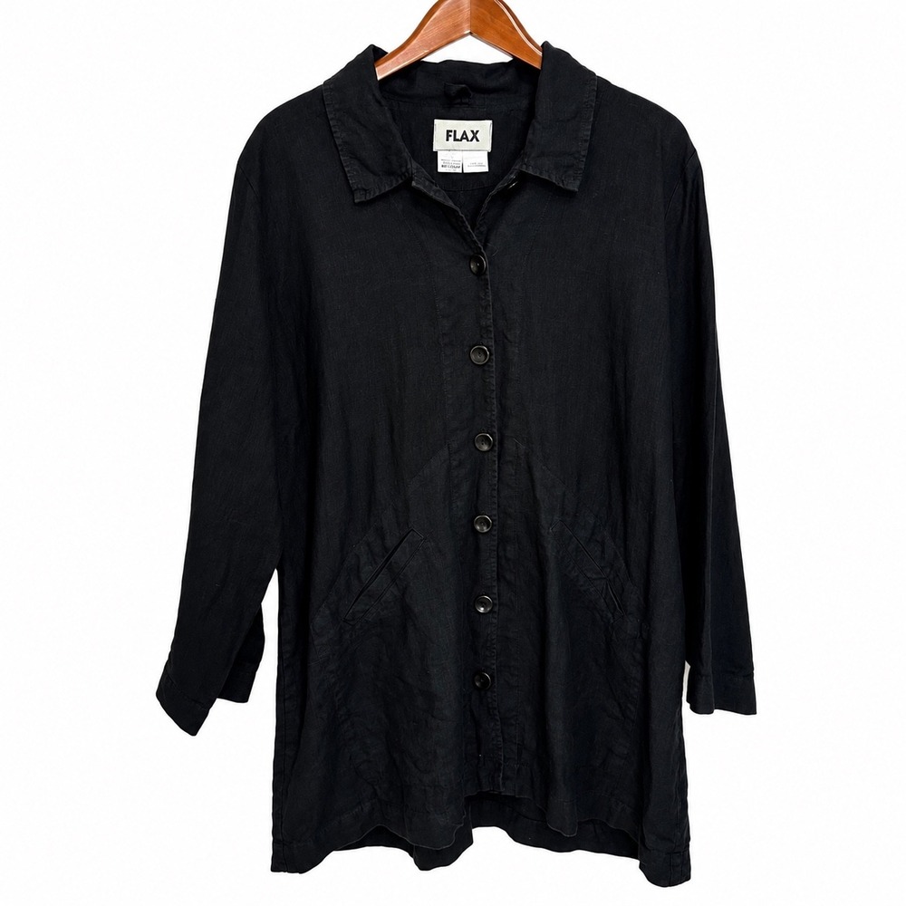 FLAX Womens Black 100% Linen Button Down Shirt Jacket Tunic Size Medium